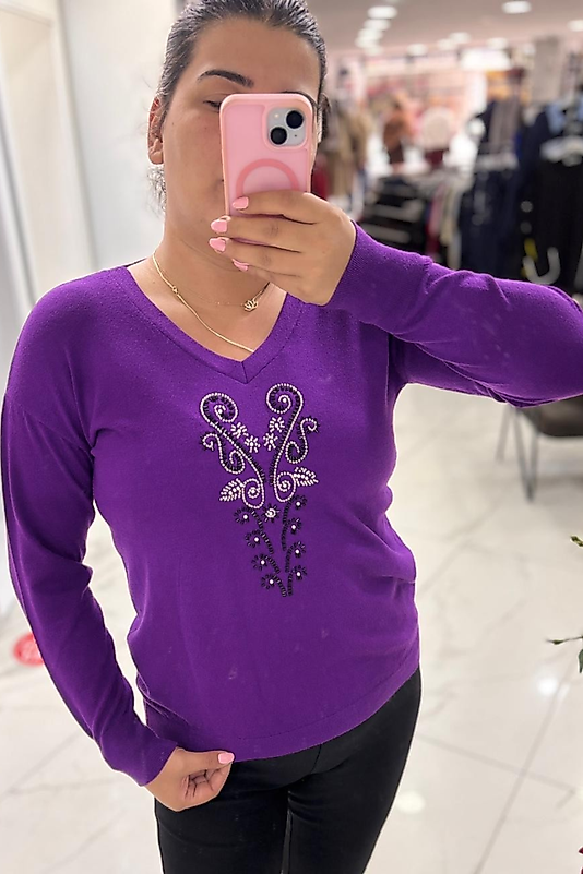 V Yaka Taş İşlemeli Mor Angora Kazak