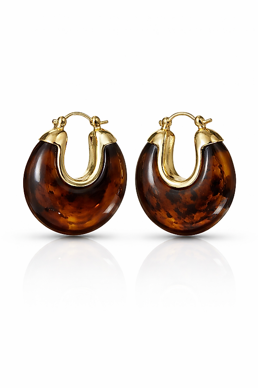 Kahverengi Doğal Taş Görünümlü Gold Detaylı Halka Kadın Küpe