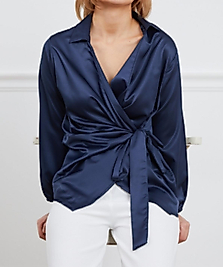 Lacivert Kruvaze Yaka Belden Bağlamalı Saten Gömlek