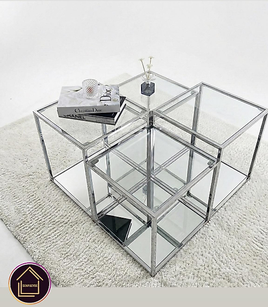 PARLAK KROM PRAMİD ORTA SEHPA ÜST ŞEFFAF CAM ALT KLASİK AYNA