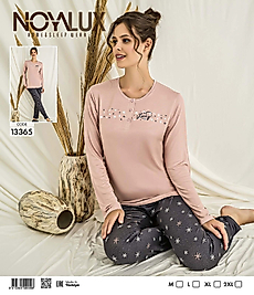 Pudra Düğmeli ve "Lucky" Baskılı Üst & Yıldız Desenli Alt Kadın Pijama Takımı -Noya 13365