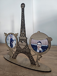 Eyfel Kulesi Ahşap Fotoğraf Çerçeveli Kalpli İsim Kazımalı Kişiye Özel