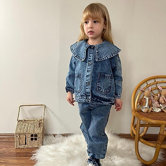 Yakası Geniş Ceketli 3lü Kız Çocuk Kot Takım