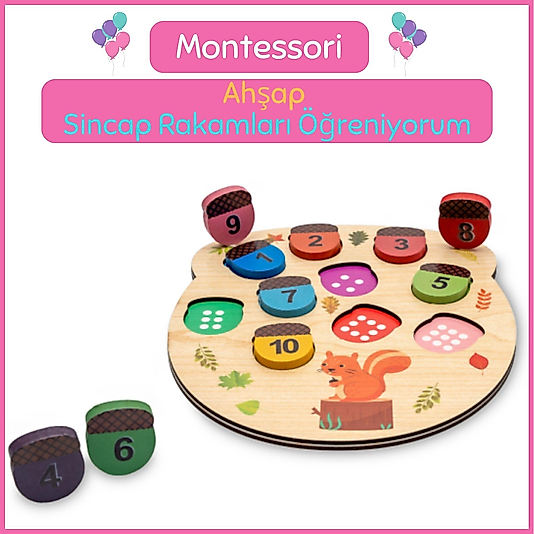 Montessori Ahşap Sincap Rakamları Öğreniyorum Oyunu
