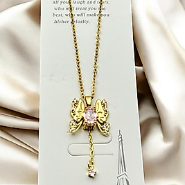 Çelik kolye kelebek figürlü pembe taşlı gold 45 cm