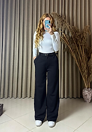 Kemerli Likralı Siyah Palazzo Pantolon