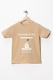 Erkek Çocuk Kısa Kollu Bisiklet Yaka "Tarık Bin Ziyad" Baskılı Tişört Mevsimlik Pamuklu