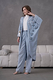 Taş Aplikeli Çiçek İşlemeli Mavi Kot Kimono Takım