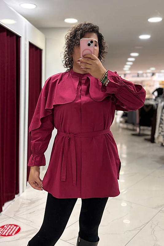 Volan Yaka Kuşaklı Gömlek Tunik – Vişne Tonu Şıklık