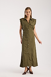 DÜĞMELİ KETEN ELBİSE HAKİ