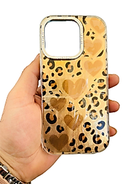 İphone 16 Pro Kalp Desenli Leopar Telefon Kılıfı