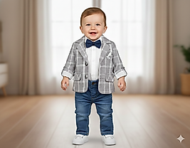3 - 18 Aylık Keten Ceket, Çıtçıtlı Gömlek, Papyon, Kot Pantolonlu Tarz Erkek Bebek Takım
