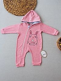 6-9 9-12 Ay Ef Çizgi Boy Fermuarlı Tavşan Nakışlı Kapşonlu Kız Erkek Bebek Tulumu Pembe