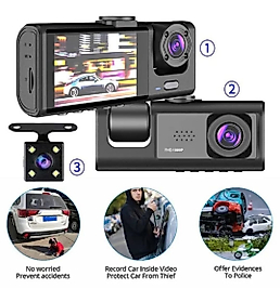 Yeni 3 Kameralı Araç Içi Kayıt Kamerası Trafik Recorder 2 Inç IPS Ekran Full Hd 1080P