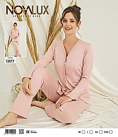 Pudra Dantel Detaylı V Yaka Kadın Düğmeli Pijama Takımı -Noya 13177