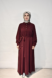 Düğmeli Mürdüm Elbise