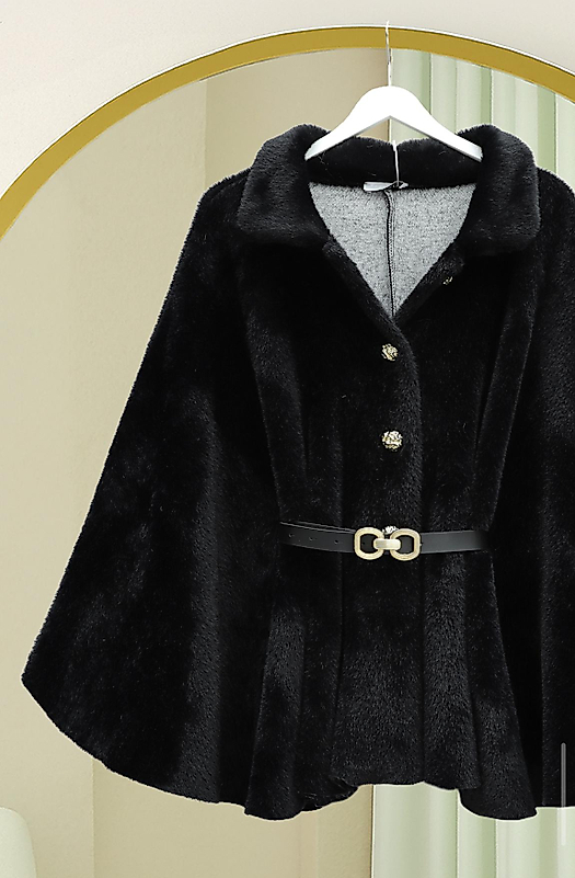 Gold Düğme Detay Kemerli Alcantara Panço Siyah Renk STD BedenS