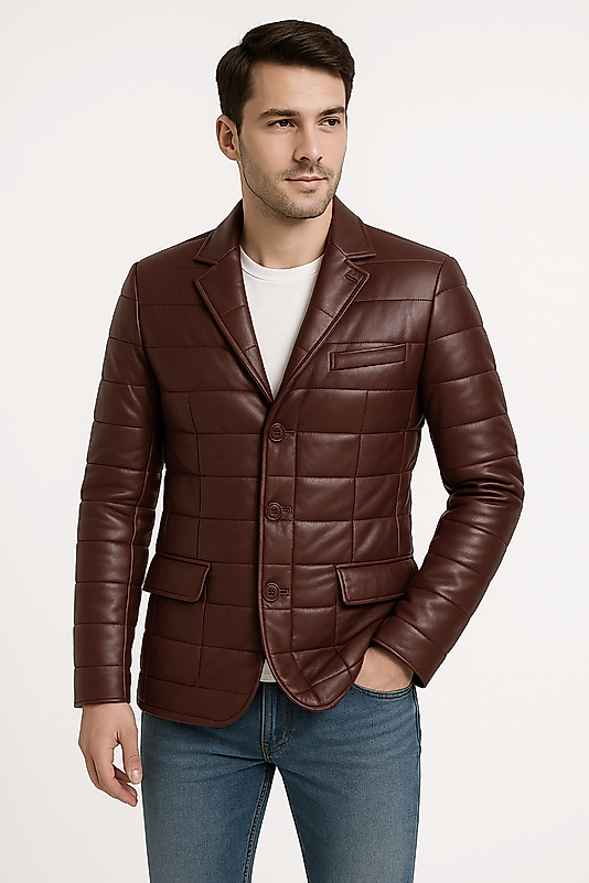 Silva Hakiki Deri Tafta Erkek Bordo Şişme Blazer Ceket