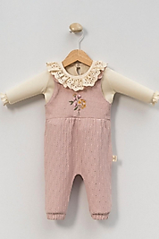 3-18 Ay Dantelli Yaka Nakışlı Salopet Tulum (Uzun Kollu Bluzlu)