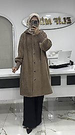 DÜĞME DETAYLI ANGORA KABAN VİZON