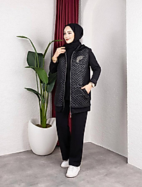 3’LÜ KAPİTONE TAŞLI YELEK SİYAH TAKIM