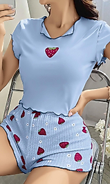 Kadın Çilek Desenli Bebe Mavi Seksi Gecelik Takım 5005