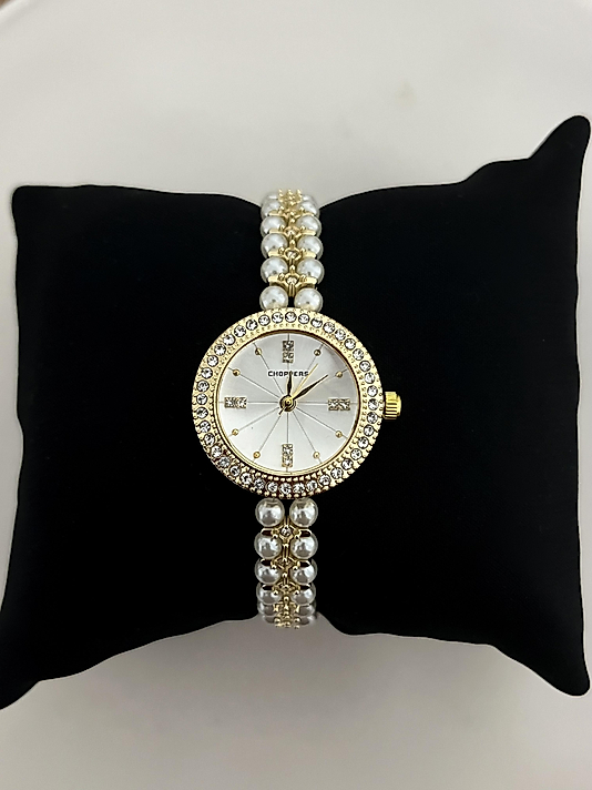 Gold Taş ve İnci Detaylı Yuvarlak Saat
