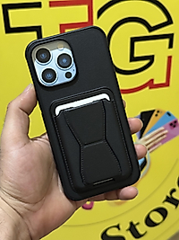 İphone 14 Pro Max Kartlıklı Standlı Deri Telefon Kılıfı Siyah