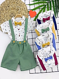 9-12-18-24 Ay Pamuk Keten Cepli Çizgili 2li Erkek Bebek Salopet Takımı Sarı
