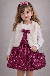 pembe pullu etekli peluş ceketli çantalı dörtlü takım