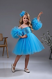 Kol Detaylı Ponponlu Mavi Tokalı Pudra Renk Çocuk Abiye Aby458