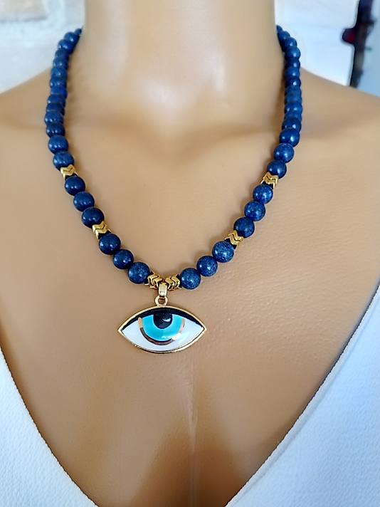 LAPİS LAZULİ VE SERAMİK GÖZ KOLYE