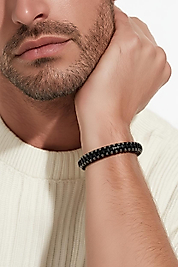 Örgü Detaylı Deri Ve Boncuklu Mıknatıslı Bileklik