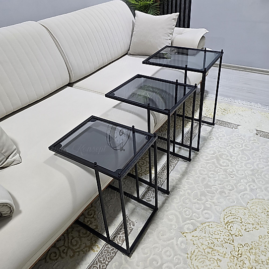 3'lü SİYAH Tekerlekli C Sehpa, FÜME CAM, Güvenilir 6 mm Kalın Camlı, Çok Amaçlı Metal Zigon Sehpa