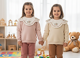 2 - 5 Yaş Arası Yaka Detaylı Oversize Kesim Üçiplik Şardonlu Kız Çocuk Takım