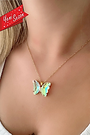 Kelebek Model Pembe-Yeşil Yanar Dönerli Gold Renk Çelik Kolye