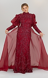 Omuz Tül Detaylı Pelerinli Bordo Tesettür Abiye