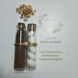 Çift Cam Tüplü Etiketli Kahve & Badem Şekerli  Düğün Nişan Nikah Kına Sünnet Bride to be Hediyelik