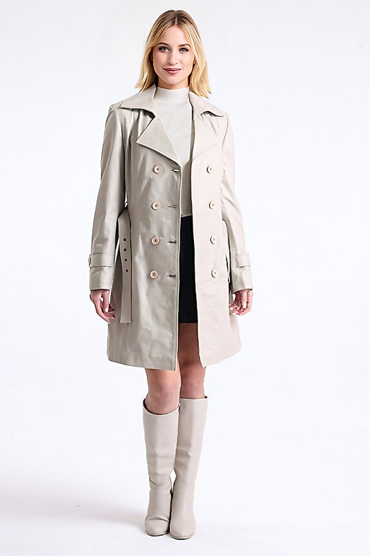 Nicole Hakiki Deri Kadın Ekru Trençkot