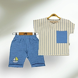 Gemi Baskılı Erkek Çocuk Müslin İkili Takım Mavi