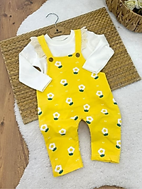 Kız Bebek Papatya Baskılı Dantelli Badili Salopet Takım