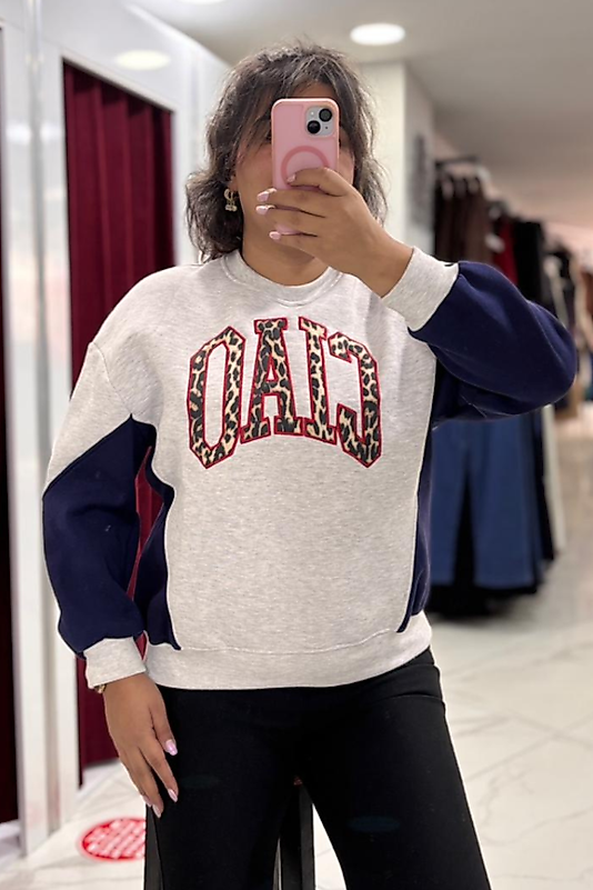 Gri Lacivert Ciao Yazılı Leopar Detaylı Sweatshirt
