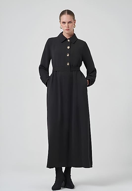 Düğme Detaylı Siyah Elbise