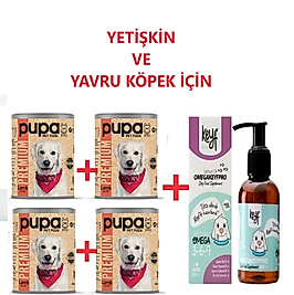 YAVRU VE YETİŞKİN KÖPEKLER İÇİN KUZU ETLİ KÖPEK KONSERVE MAMASI 400 GR X 4 ADET + KEYF OMEGA