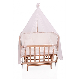 AHŞAP ANNE YANI 60*90 CM 3 KADEMELİ ASANSÖRLÜ BEŞİK ( KREM-FRANSIZ DANTELLİ)