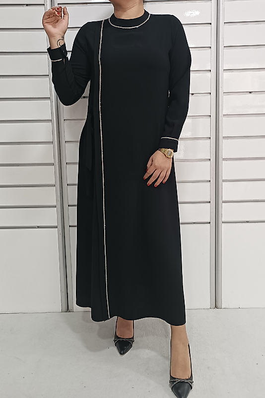 Yanı Taş Detaylı Kalem Elbise -Siyah