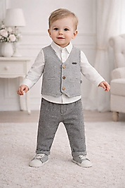 Erkek Bebek 6-24 Ay Yelekli Papyonlu Alt Üst Takım %100 Pamuk