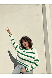 Bisiklet Yaka Çizgili Crop Triko Kazak Yeşil