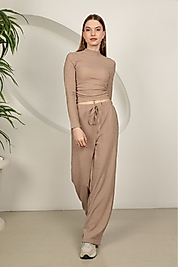 Kadın Bürümcük Kumaş Crop-Pantolon Takım