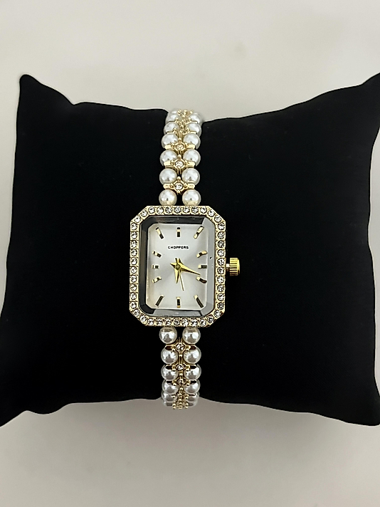 Gold Taş ve İnci Detaylı Dikdörtgen Saat